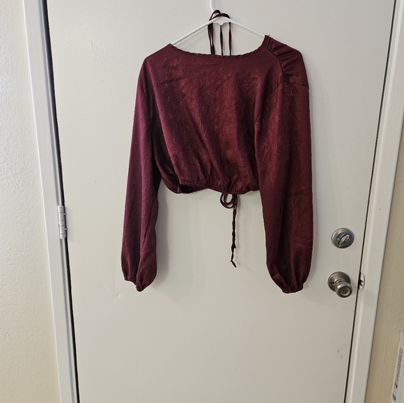 No Frills Burgundy Women's Long Sleeve Crop Top - Picture 3 of 4